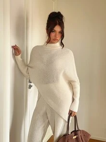 Aloruh Women's Elegant High Neck Asymmetrical Sweater 2 Pieces Set - Apricot - View 6