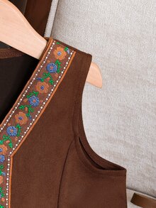 SHEIN Elladie kids 少女復古夾克 Y2K 新款秋季款 校園風 夏日度假 西部牛仔對比裝飾 冬季棕色外套 - 棕色 - 查看 5