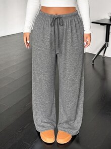 SHEIN EZwear 大尺碼休閒商務休閒/居家針織抽繩寬鬆直筒長褲 黑色 秋冬 適合節慶度假健身正式場合辦公室 - 灰色 - 查看 1
