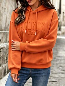 SHEIN LUNE 女款休閒寬鬆3D字母印花運動衫 - 橘色 - 查看 4