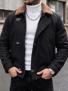 Manfinity CasualCool 男士成熟休閒純色羊毛短夾克，節日送禮最佳選擇 - 黑色 - 查看 5