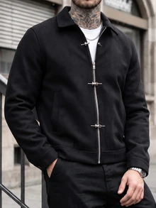 Manfinity CasualCool 男士新款中式風格休閒商務翻領羊毛混紡拉鍊短款外套夾克 - 黑色 - 查看 3