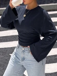 Muchica 大尺碼灰色蝙蝠袖修身長版T恤，傳統秋季休閒街頭風上衣，適合夜店、早午餐、正式場合、度假、派對，女款外出襯衫 - 藏蓝色 - 查看 5