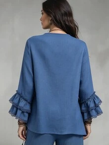 Linhara CURVE Plus Size V-Neck Frog Button Blouse, Long Sleeve Bell Sleeve With Lace Trim, Loose Fit Linen Blend Bohemian Style Women's Top - Blue - View 2