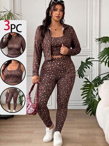 SHEIN EZwear 秋冬鏽棕色豹紋休閒大尺碼女裝套裝 - 鏽棕色 - 查看 4