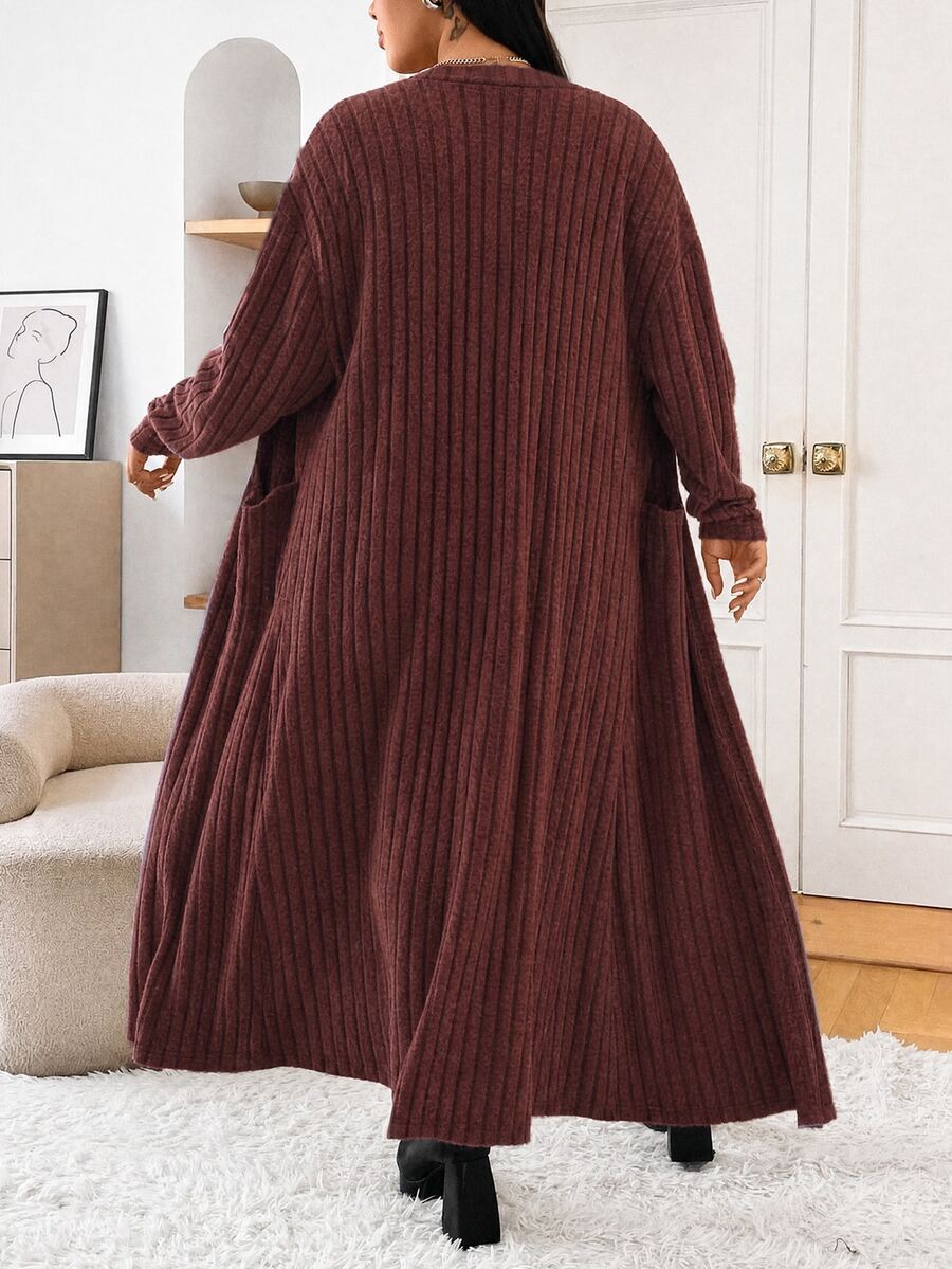 SHEIN EZwear 大尺碼女款純色極簡休閒長袖長版大衣 冬季秋季 - 巧克力棕 - 查看 1