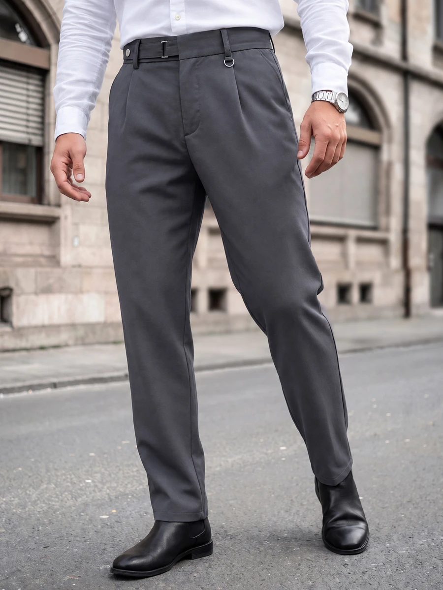 Manfinity CasualCool Men's Pleated Straight Leg Dress Pants With Side Pockets For Office And Commuting - Dark Grey - View 1
