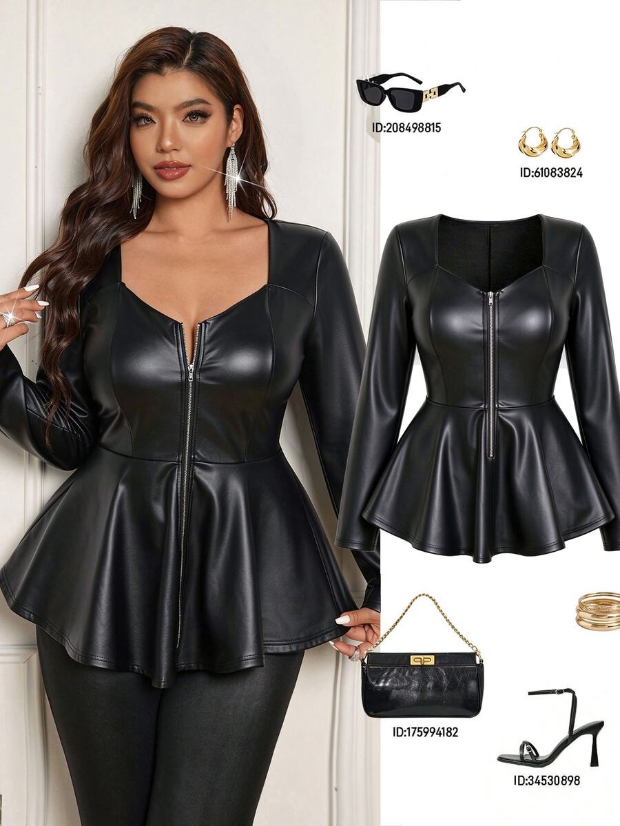 Femmeverse Women's Plus Size New Solid Color Square Neck Collarbone-Exposing A-Line Slimming Hip-Covering Zipper Front Elastic PU Long Sleeve Top - Black - View 1