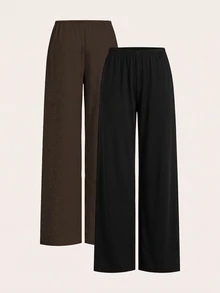 SHEIN EZwear 2色女款抽繩腰寬鬆休閒基礎寬腿居家舒適長褲，秋季女裝，巧克力棕、灰色 - 黑色 - 查看 2
