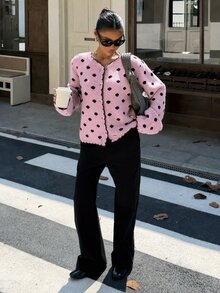 Muchica 女款波點圖案長袖單排扣休閒復古針織開襟衫 秋冬毛衣 可愛聖誕新年早午餐茶會 粉色 - 粉色 - 查看 4