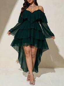 Viva Relle Plus Size Sexy Cold Shoulder Spaghetti Strap Front Short Back Long Burgundy Dress Fall - Dark Green - View 3