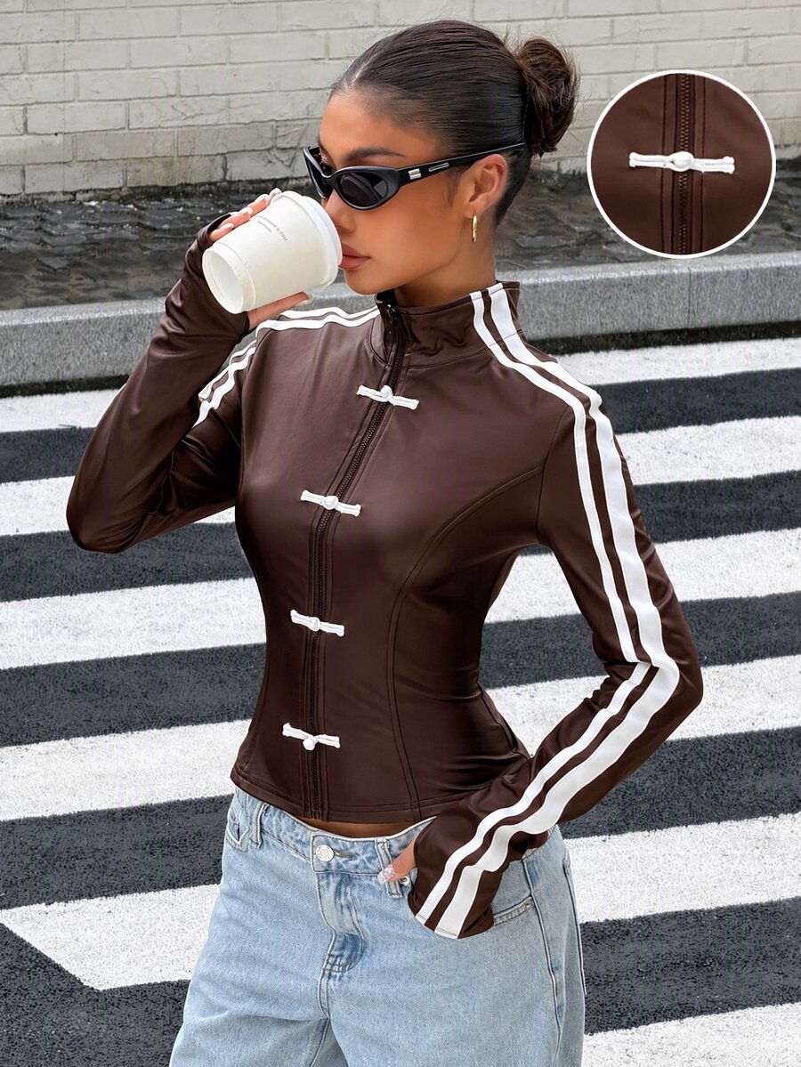 Muchica Women's New Autumn Black Elastic PU Leather Woven Tape Patchwork Frog Button Jacket For Going Out, Streetwear, Y2K - Brown - View 1