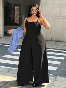 Maweii Plus Size Women's Solid Color Camisole Wide Leg Jumpsuit And Tie Shirt Casual 2 Pieces Set - Black - View 5