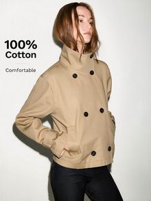 MOTF PREMIUM URBAN CHIC, 100% COTTON MILITARY STYLE STAND COLLAR SHORT TRENCH COAT, FALL WINTER - Khaki - View 1