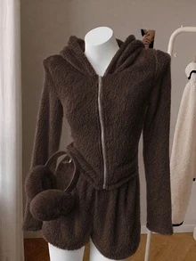 SHEIN EZwear 女款秋冬新款純色長袖短版休閒簡約連帽毛絨外套，居家日常穿著，白色，適合夜晚與假日 - 棕色 - 查看 3
