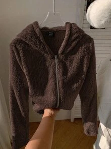 SHEIN EZwear 女款秋冬新款純色長袖短版休閒簡約連帽毛絨外套，居家日常穿著，白色，適合夜晚與假日 - 棕色 - 查看 6
