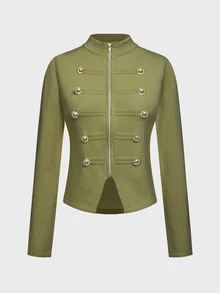 LUMIGAL Women's Fall Double-Breasted Olive Green Button Decor Ribbed Knit Cardigan Stand Collar Zip Front Slim Fit Cropped Sweater Elegant Work Everyday - Olive Green - View 3