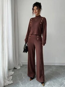 Elenzga Maillard High Neck Ribbed Knit 2 Pieces Set Women Autumn/Winter Metal Button Short Petal Sleeve Top High Waist Wide Leg Pants - Coffee Brown - View 3