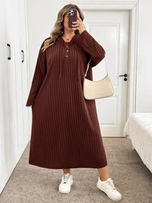 SHEIN CURVE+ 女款大尺碼 22W 連帽長洋裝，秋冬季 - 咖啡棕 - 查看 6
