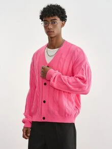 TOKVUE Cardigan Kasual Pria Lengan Panjang Rajut Kabel Kancing Tunggal - Hot Pink - View 4