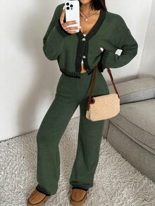 CovetEZ 2pcs/Set Women Solid Color Patchwork Front Button Long Sleeve Casual Sweater And Pants Set,Women's Fall Clothes - Army Green - View 3