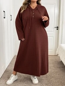 SHEIN CURVE+ 女款大尺碼 22W 連帽長洋裝，秋冬季 - 咖啡棕 - 查看 5