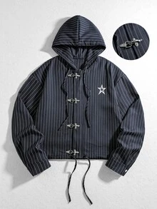 ROMWE MEN Men's Metal Button Decor Striped Drawstring Hooded Jacket - Navy Blue - View 1