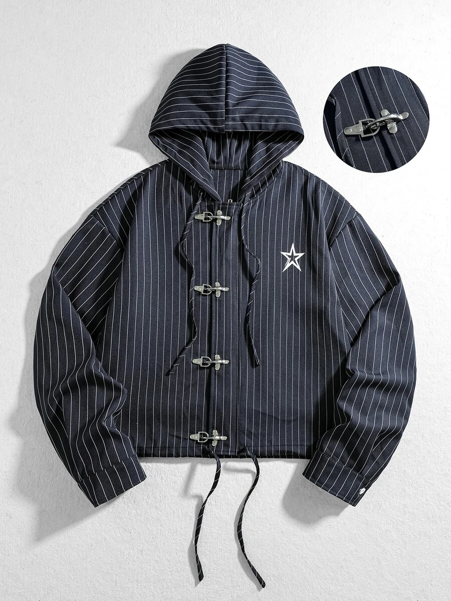 ROMWE MEN Men's Metal Button Decor Striped Drawstring Hooded Jacket - Navy Blue - View 1