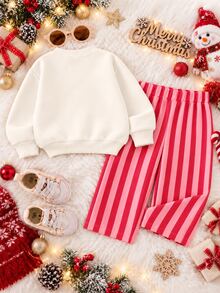 SHEIN Playful Pals 嬰兒/幼兒(女款)T恤套裝，身上印有可愛聖誕臘腸狗圖案，小狗戴著聖誕帽，搭配聖誕樹、愛心和雪花元素，下方印有紅色「Merry Christmas」文字，羅紋袖口，紅粉色垂直條紋長褲 - 彩色 - 查看 2