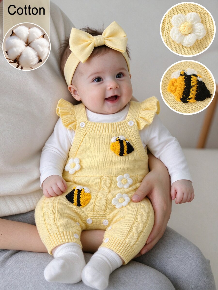 SHEIN Baby Girls Sweater Onesies Soft Square Neck French Ruffle Sweet Cute Cream Yellow Versatile Hand-Embroidered Bee Hand-Crocheted Heavy Work Exquisite - Yellow - View 1