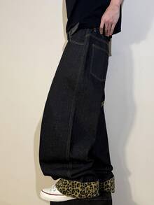 STEELVANCE Streetwear Retro Fashion Versatile Distressed Washed Embroidered Patchwork Design Loose Straight Wide Leg Casual Denim Jeans (Belt And Accessories Not Included) - Black - View 5