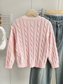 SHEIN 1件女童經典粗針編織套頭毛衣，淡粉色冬季返校女學生V領修身長袖上衣，附馬匹刺繡 - 粉色 - 查看 2