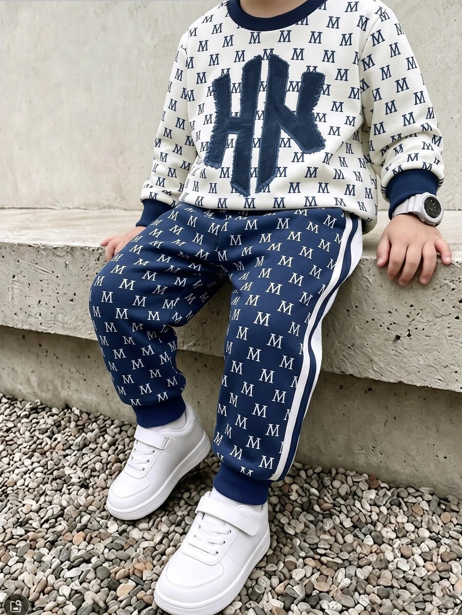 Genkimix Kids 2件組小男孩休閒運動學院風街頭酷感翅膀印花衛衣+長褲,適合上學、旅行、春秋穿著、生日海灘白色 - 藍色 - 查看 1