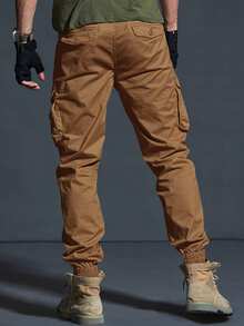 Manfinity Homme Men Plain Button Front Pocket Simple Design Casual Cargo Pants, Daily Wear, Fall - Brown - View 2