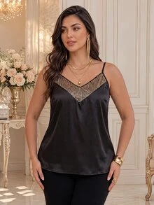 EMERY ROSE Women's Plus Size Black Sequin Satin Patchwork Elegant Tank Top - Black - View 6