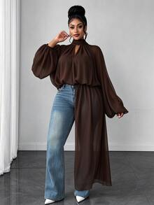 Maweii Plus Size Sexy Design Pleated Long Sleeve Blouse - Rust Brown - View 4