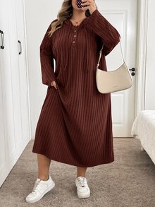 SHEIN CURVE+ 女款大尺碼 22W 連帽長洋裝，秋冬季 - 咖啡棕 - 查看 3