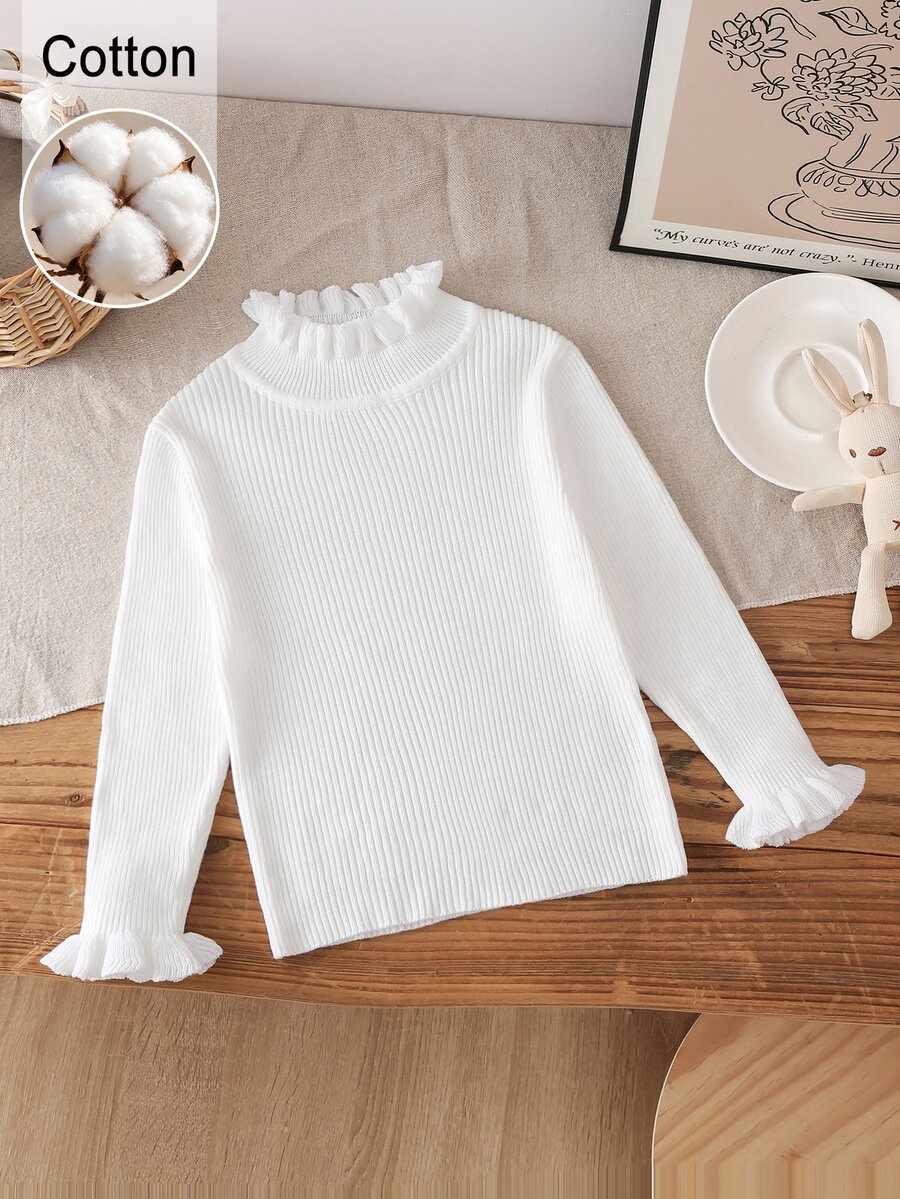 SHEIN Young Girls Sweaters New Autumn/Winter Solid Color Pullover High Neck Ruffle Trim Base Layer Inner Wear, Fashionable Sweater - Beige - View 1