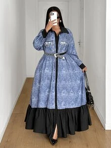 Maweii Plus Size Denim Effect Print Shirt Dress, Collared Button-Down With Faux Pockets, Patchwork Black Ruffle Hem, Loose Fit - Blue - View 5