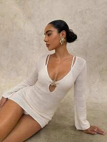 Glamine SHEIN Glamour CUT OUT SHEER COVER UP DRESS FOR SUMMER BEACH VACATION - Beige - View 3