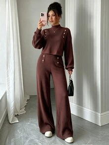 Elenzga Maillard High Neck Ribbed Knit 2 Pieces Set Women Autumn/Winter Metal Button Short Petal Sleeve Top High Waist Wide Leg Pants - Coffee Brown - View 4
