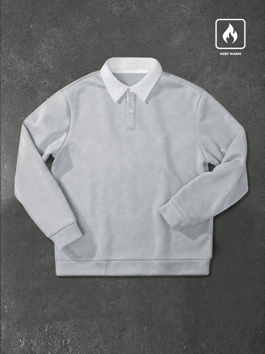 Manfinity Roghcode 男士寬鬆版對比領 Polo 領長袖運動衫,橄欖球衫 Polo 毛衣,適合秋冬穿著 - 淺灰色 - 查看 1