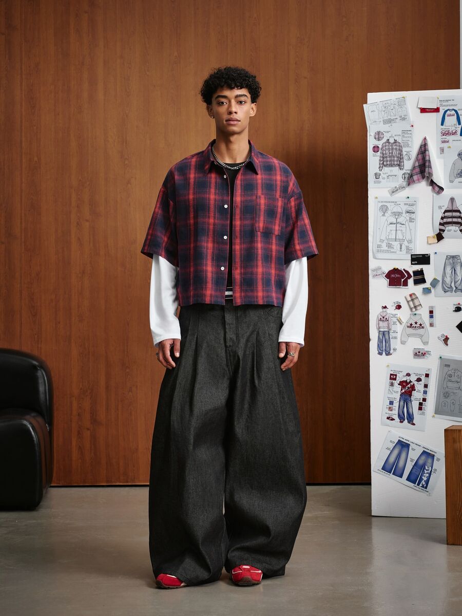 TOKVUE Men's Burgundy Plaid Print Short Sleeve Short Jacket Shirt | Hip-Hop Street Youth - Burgundy - View 1