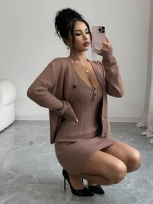 Elenzga Women's Autumn/Winter Mocha Brown Knit Set, Ribbed Texture, Cardigan And Cami Mini Skirt 2 Pieces Outfit, Elegant And Relaxed European Style, Suitable For Holiday, Date, Daily Commute, Party And Autumn Outings - Brown - View 1