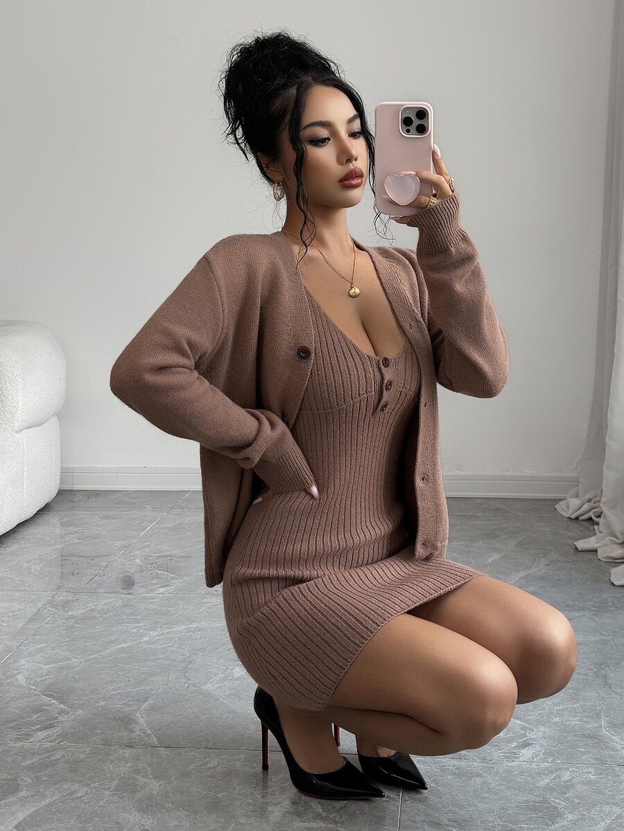 Elenzga Women's Autumn/Winter Mocha Brown Knit Set, Ribbed Texture, Cardigan And Cami Mini Skirt 2 Pieces Outfit, Elegant And Relaxed European Style, Suitable For Holiday, Date, Daily Commute, Party And Autumn Outings - Brown - View 1