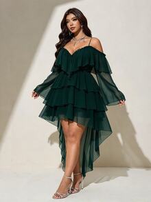 Viva Relle Plus Size Sexy Cold Shoulder Spaghetti Strap Front Short Back Long Burgundy Dress Fall - Dark Green - View 1