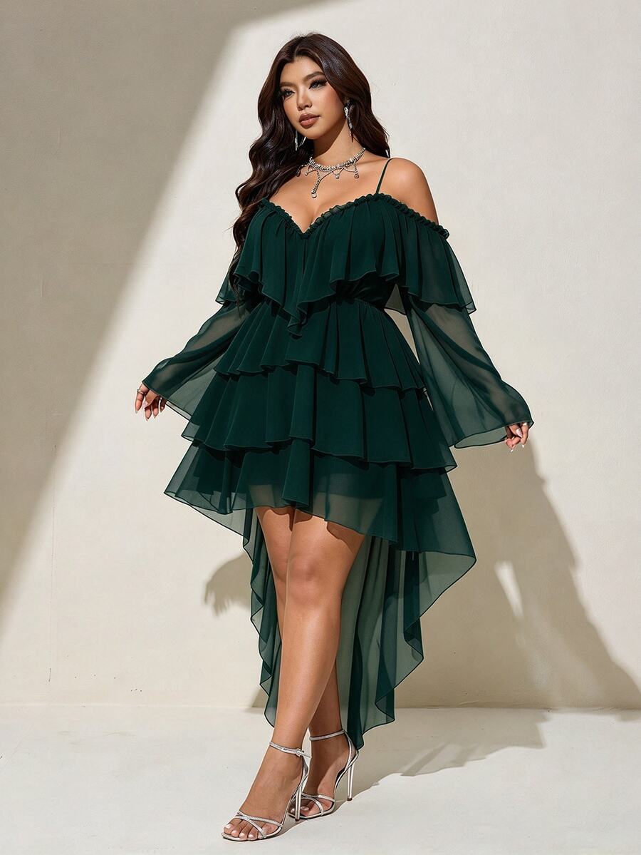 Viva Relle Plus Size Sexy Cold Shoulder Spaghetti Strap Front Short Back Long Burgundy Dress Fall - Dark Green - View 1