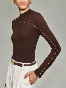 Anewsta Essential Autumn/Winter Premium Minimalist Diagonal Metal Button Crew Neck Knit Top - Apricot - View 7