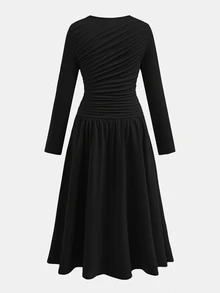 SHEIN Tween Girl Brown Long Kids Sleeve A Line Dress Everyday Casual Round Neck Flared Polyester Ruched Elegant - Black - View 2