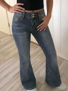 SHEIN 青少年女孩藍色丹寧寬腰帶彈性喇叭褲，適合萬聖節、世界盃、畢業季、休閒、開學季、夏季、冬季、秋季 - 深色水洗藍 - 查看 4